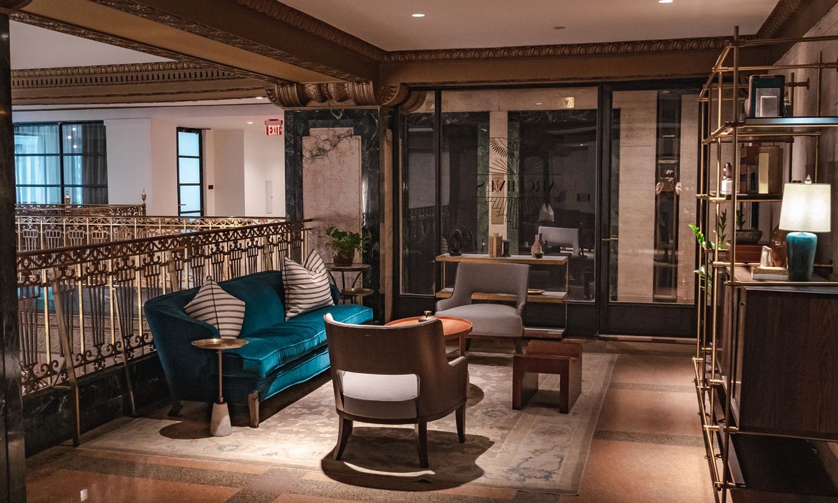 Lobby lounge with fireplace at Cliffside Collection