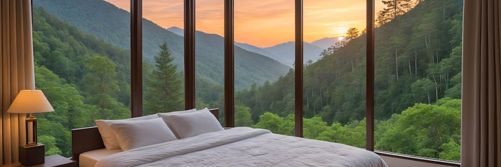 Hotel bed facing a window with a mountain view